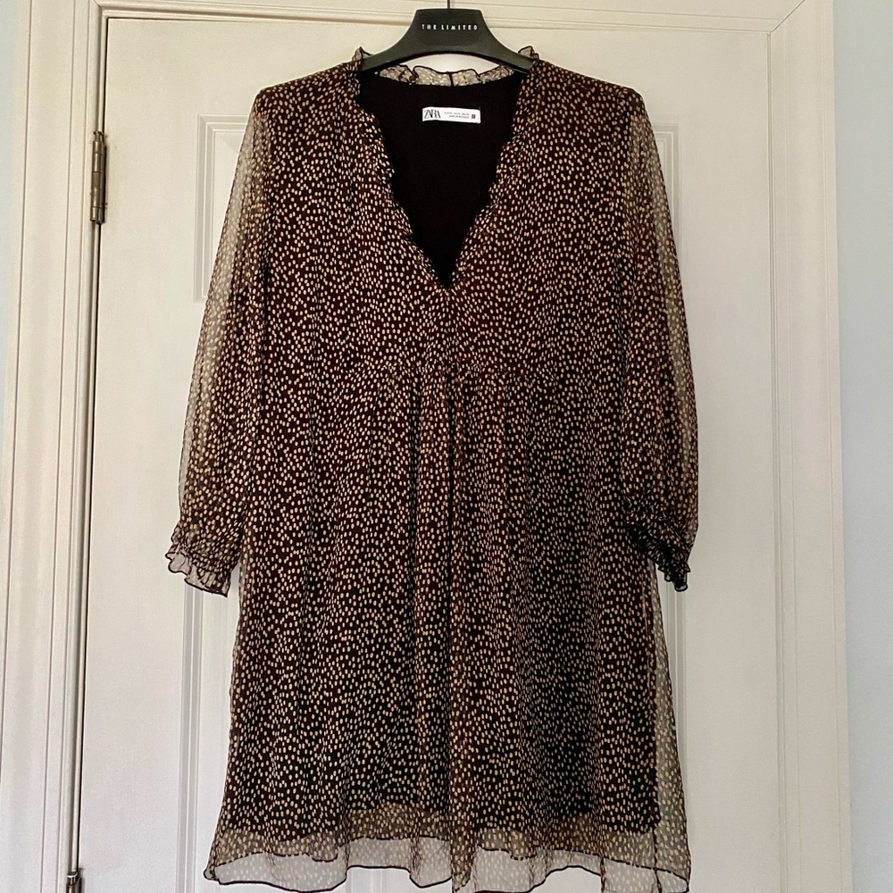 Zara Sz XL black tan dotted tunic/mini dress boho flowy empire waist 3/4 sleeve